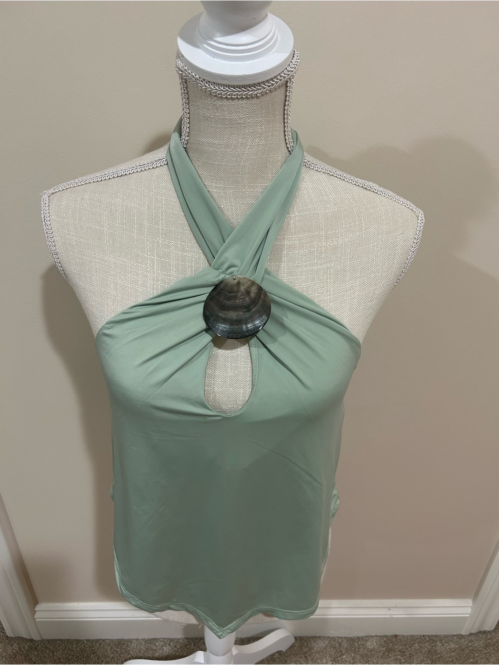Sleeveless Halter Top with Decorative Ring in Sage Green